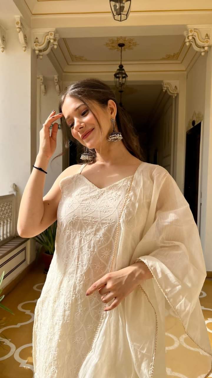 Elegant embroidered cotton kurti set in cream white shade