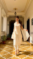 Cream cotton chikankari kurti afgaan set with chandri dupatta