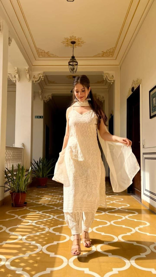 Cream cotton chikankari kurti afgaan set with chandri dupatta