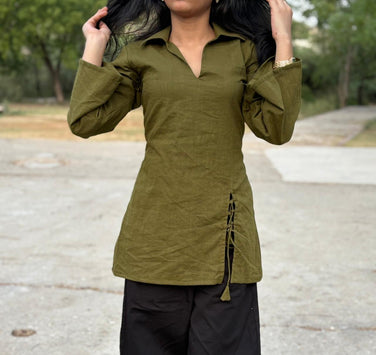 Collar Neck Cotton Slub Short Kurti with Corset Back