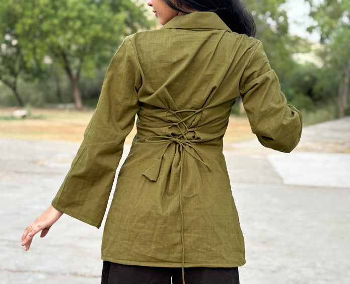 Green Shirt Style Short Kurti with Umbrella Sleeves