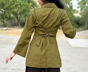 Green Shirt Style Short Kurti with Umbrella Sleeves