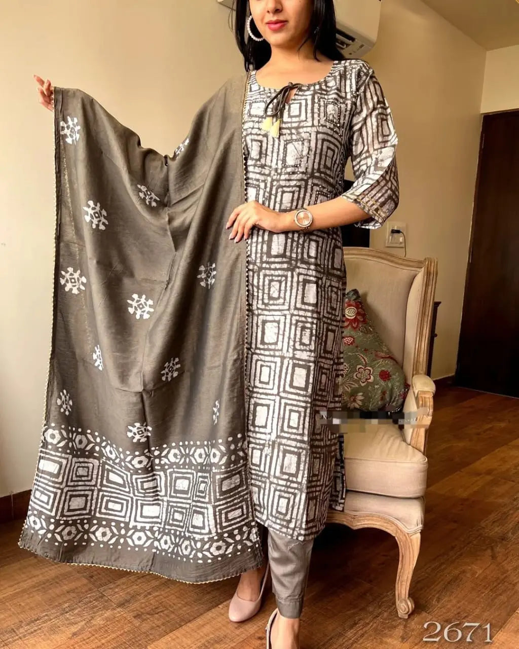 Soft procin print cotton suit set with sequence work