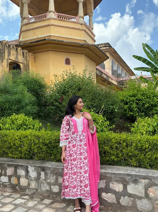 Cotton A Line Kurti Pant Dupatta Set Lace Work Printed