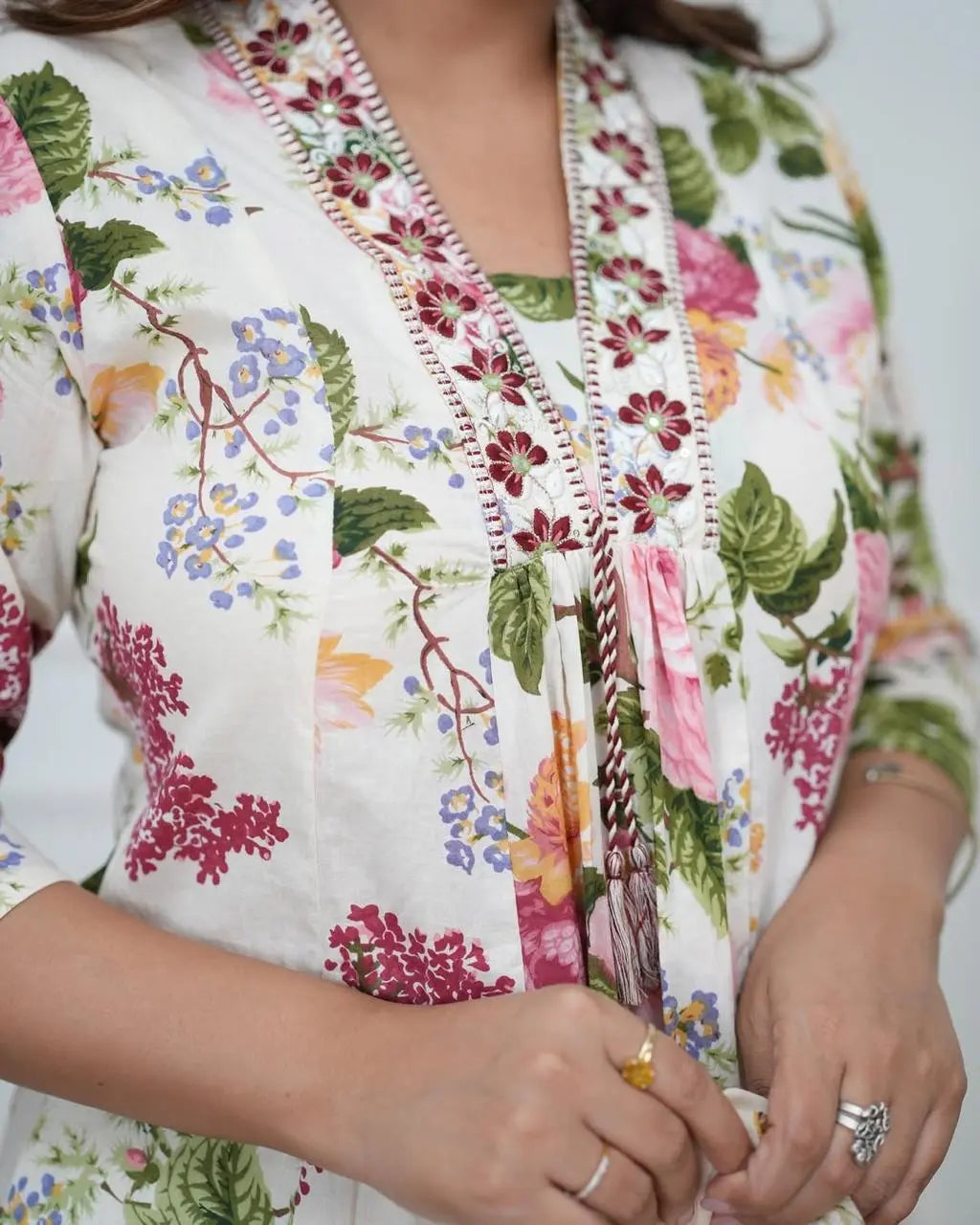 Women’s cotton printed suit set with threadwork and dupatta