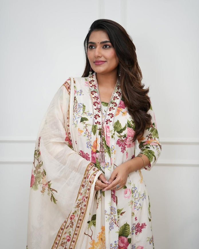 Printed cotton suit set with A-line silhouette and embroidered details