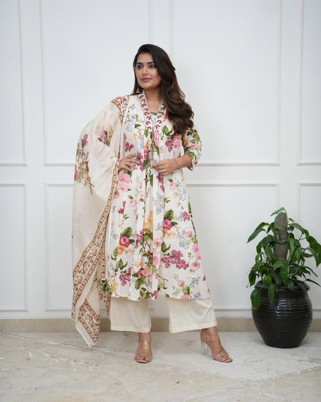 Cotton A-line printed threadwork suit set with soft dupatta