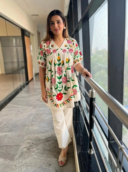 Cotton co-ord set with heavy Aari hand embroidery – elegant and breathable


