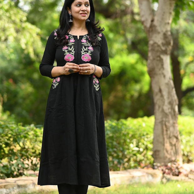 black cotton anarkali kurta set embroidered