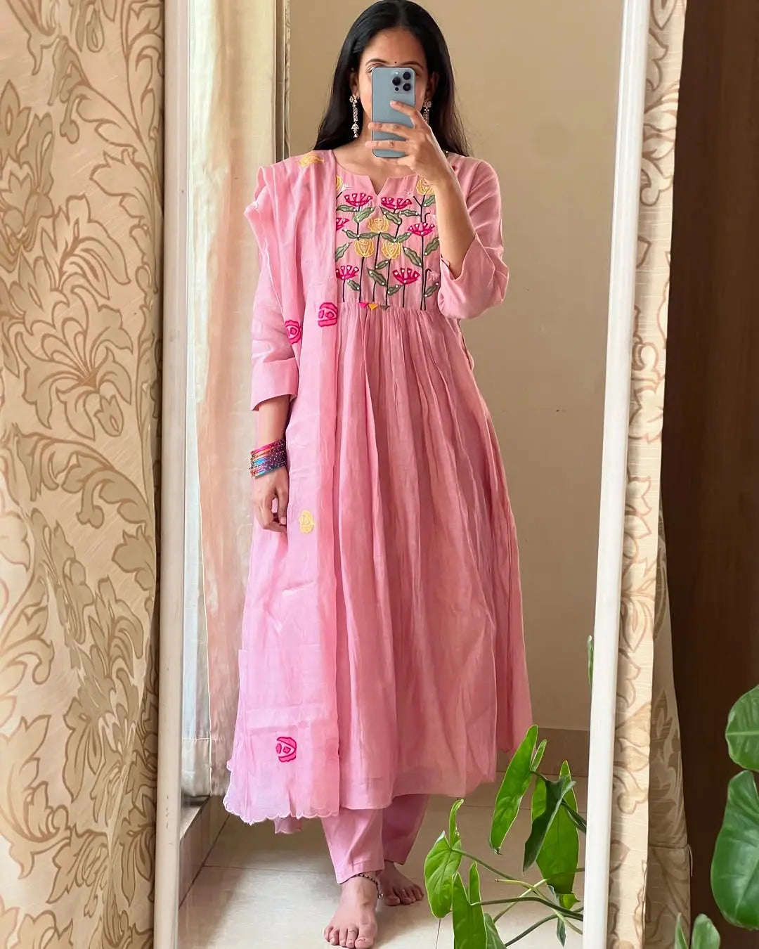 cotton anarkali kurti pant dupatta set embroidered