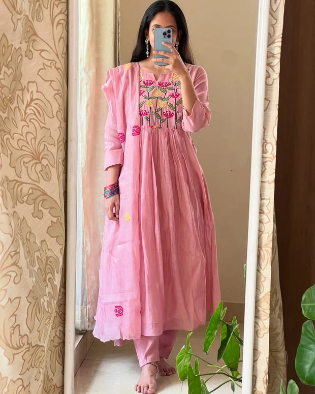 cotton anarkali kurti pant dupatta set embroidered