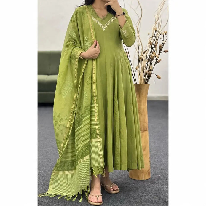 Embroidered Cotton Anarkali Suit with Hand Block Dupatta