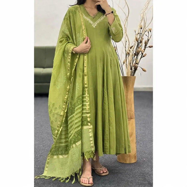 Embroidered Cotton Anarkali Suit with Hand Block Dupatta