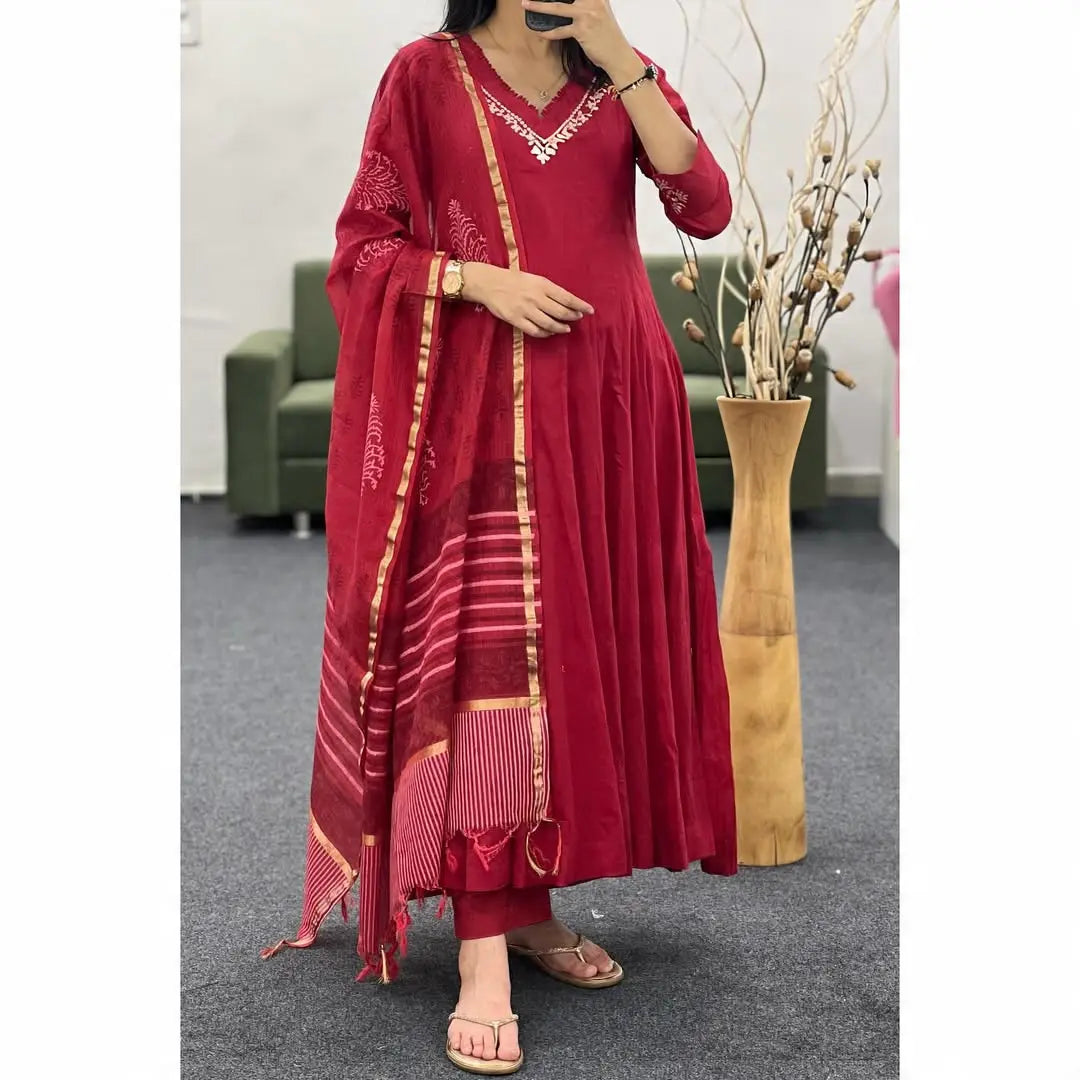 Cotton Anarkali Kurti Set with Chanderi Dupatta for Women