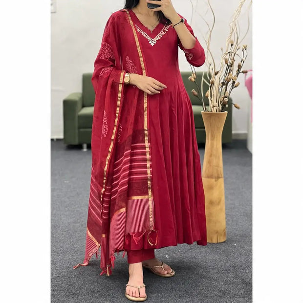 Cotton Anarkali Kurti Set with Chanderi Dupatta for Women