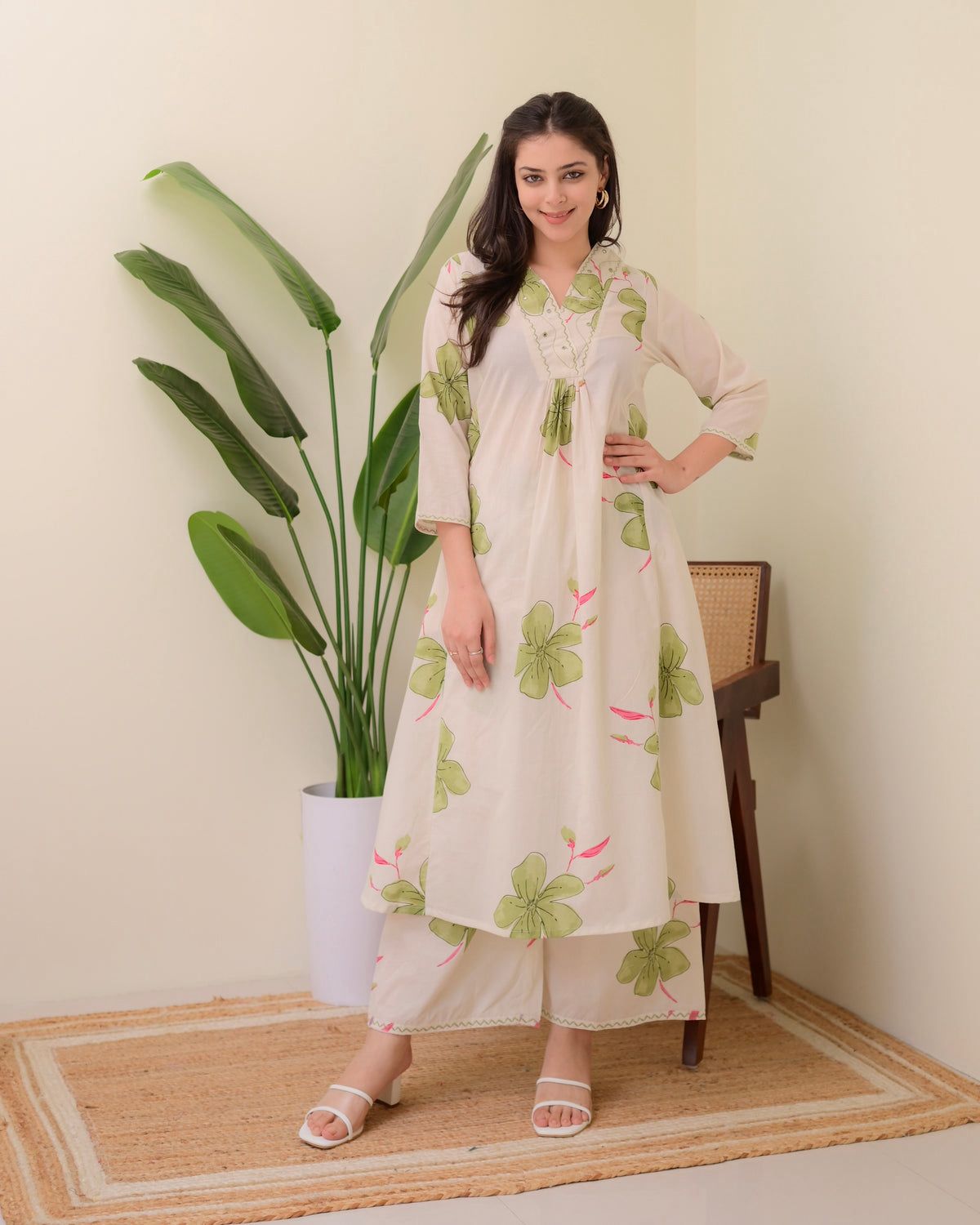 Green cotton co-ord set for women two-piece outfit