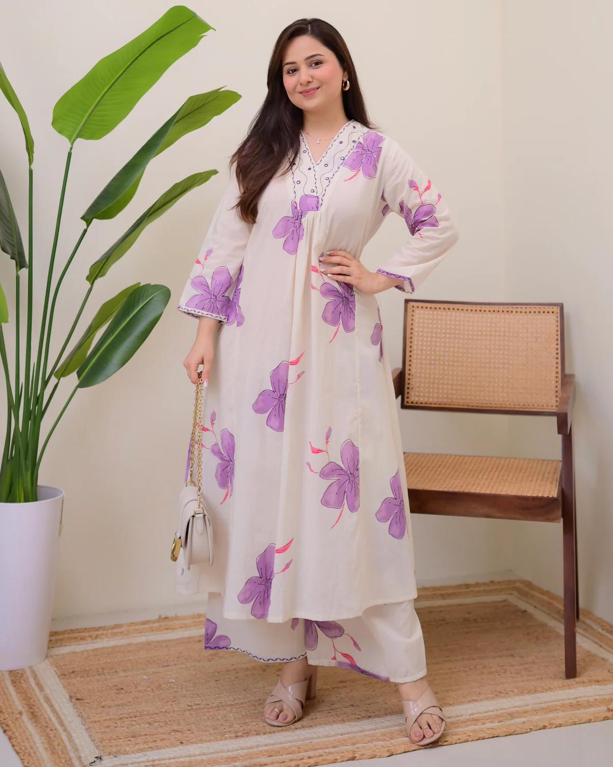 Purple cotton co-ord set for women with brush print and embroidery