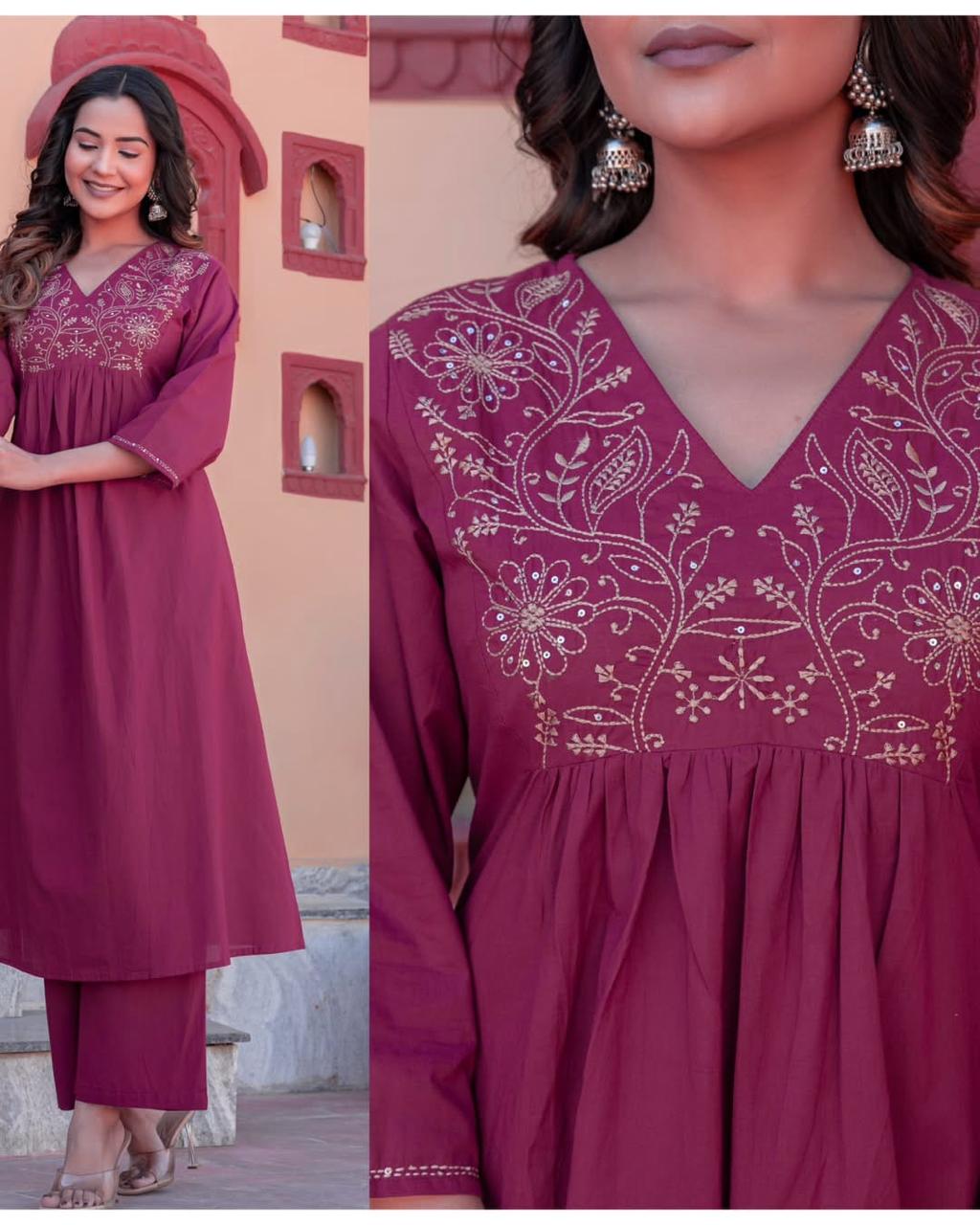 Solid cotton embroidered co-ord set with pockets