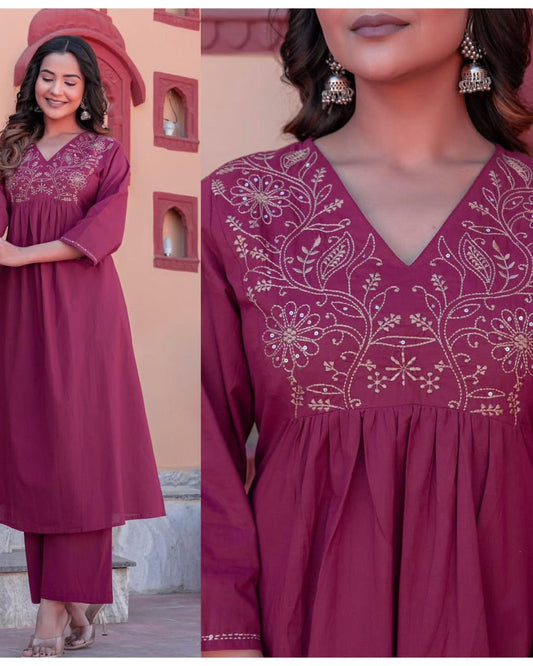 Solid cotton embroidered co-ord set with pockets