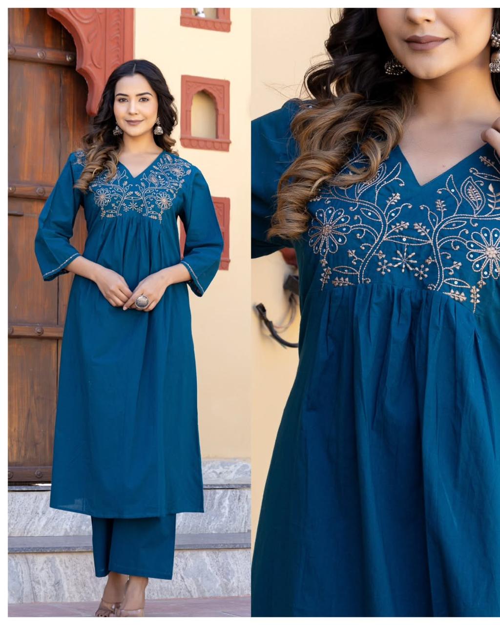 Neck and sleeve embroidered cotton co-ord set