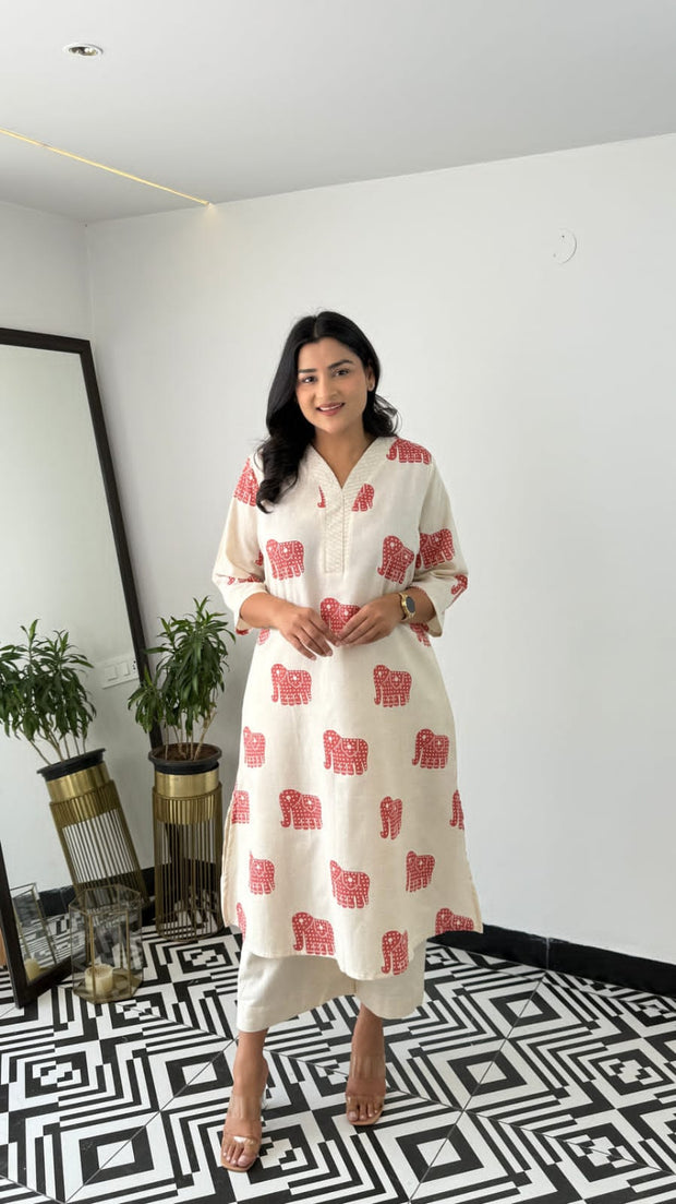 Casual cotton co-ord set with embroidery and elephant design

