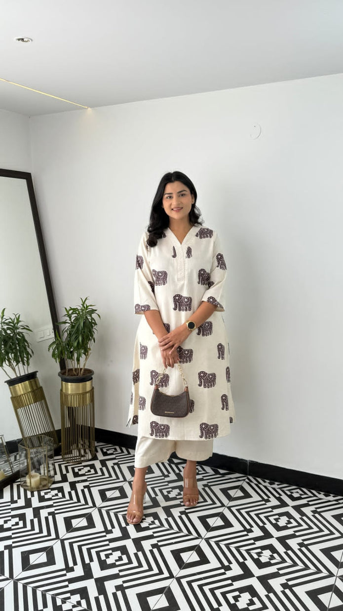 Elephant print cotton co-ord set with embroidered neckline

