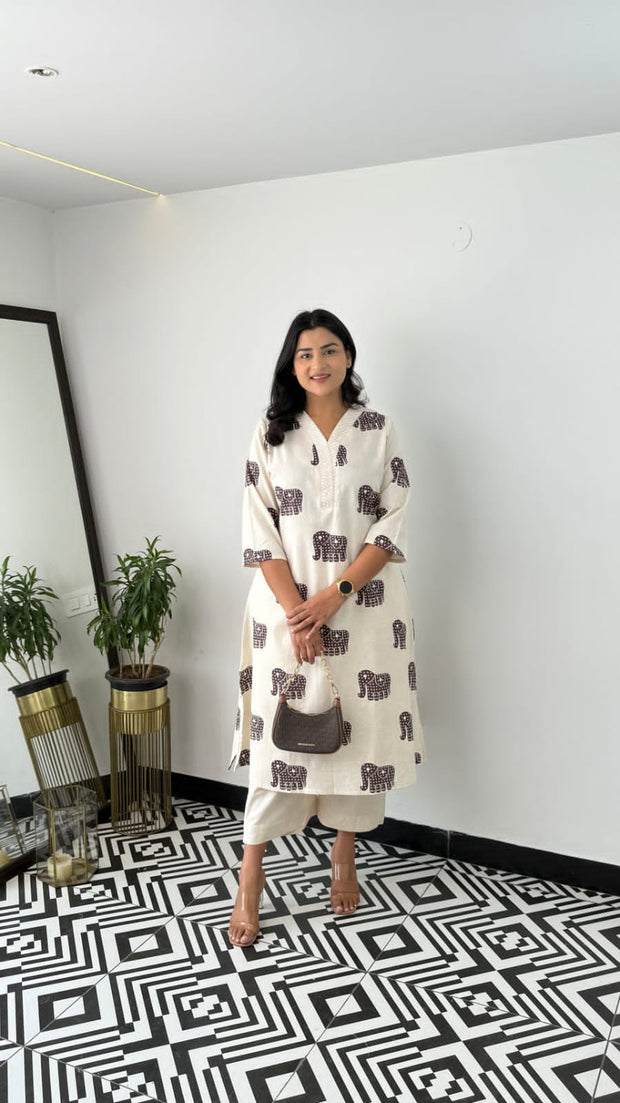 Elephant print cotton co-ord set with embroidered neckline

