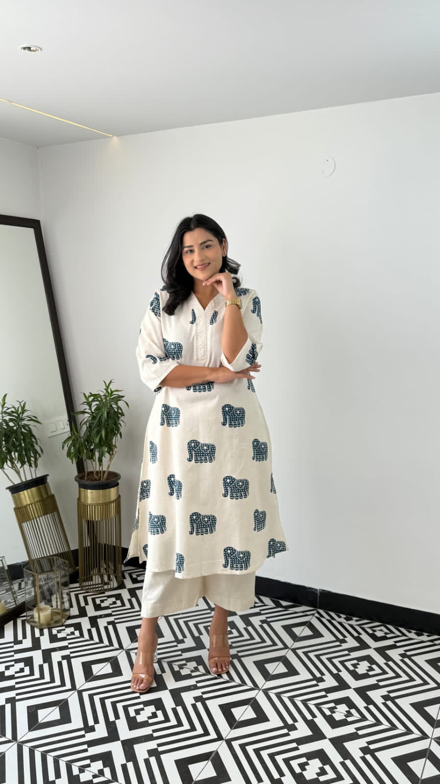 Workwear cotton co-ord set in soft slub fabric with prints

