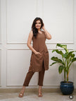 Cotton co-ord set with border katha embroidery in brown colors