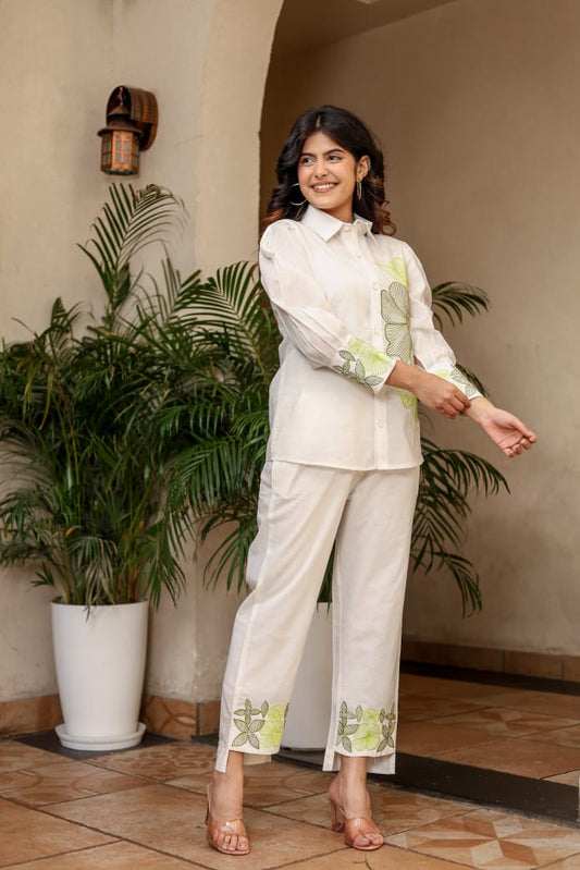 Off White Floral Cotton Co Ord Set for Women
