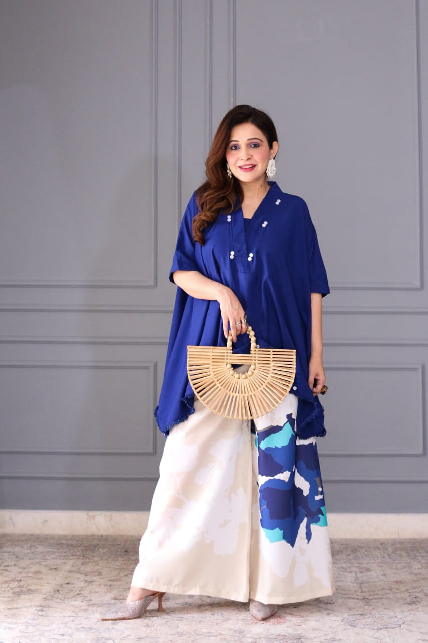 Blue premium cotton coord set with longline top and plazo