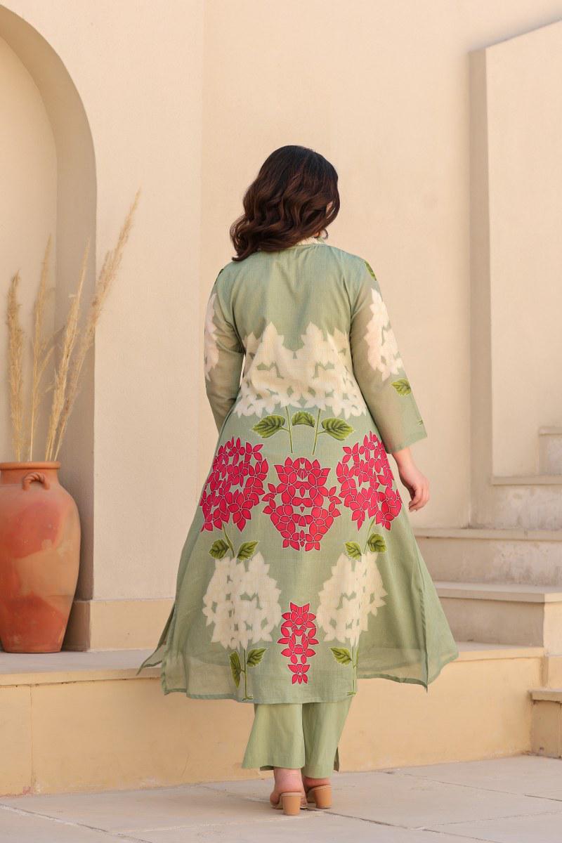Embroidered mul cotton kurta pant coord set