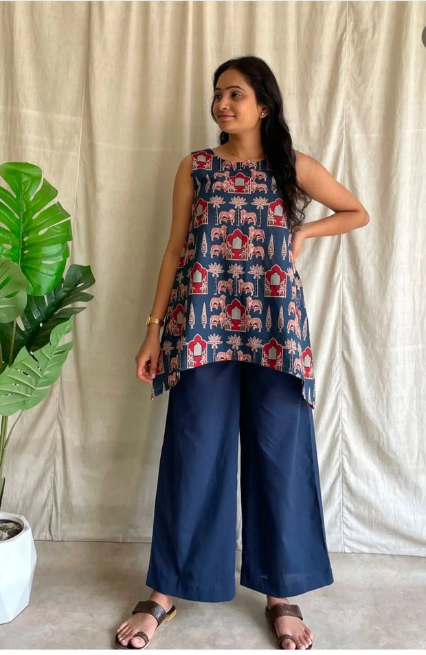 A-line cotton kurta with asymmetrical hem and plazo

