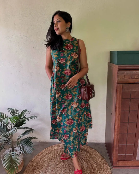Floral cotton cord set with A-line kurti and palazzo pants