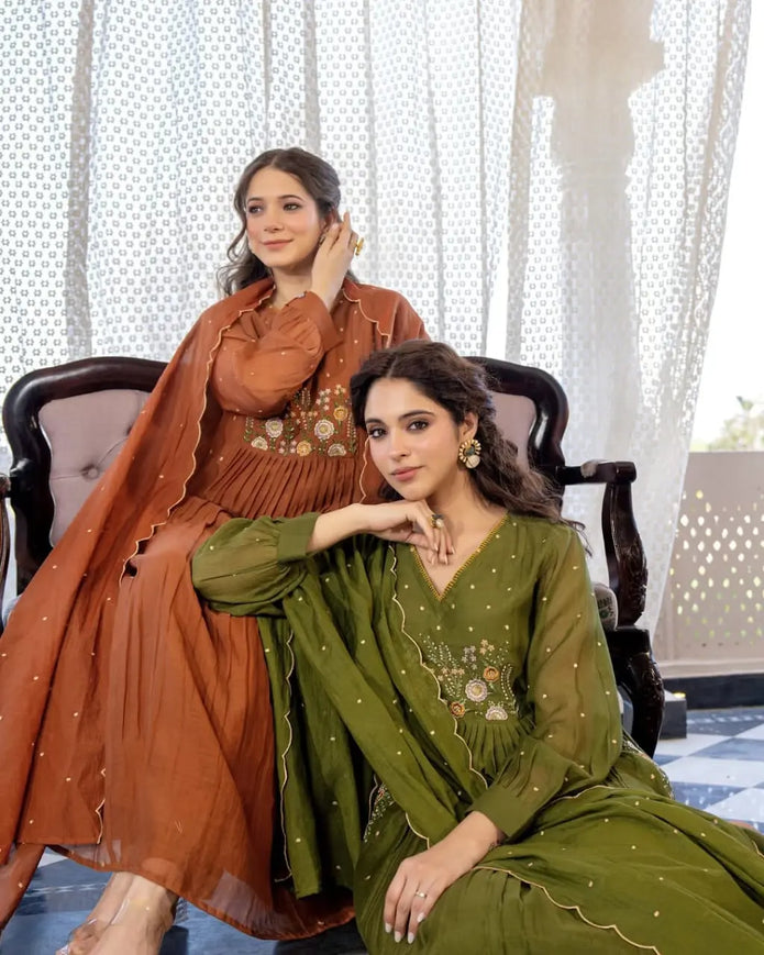 Cotton embroidered Anarkali kurta set with cutwork dupatta