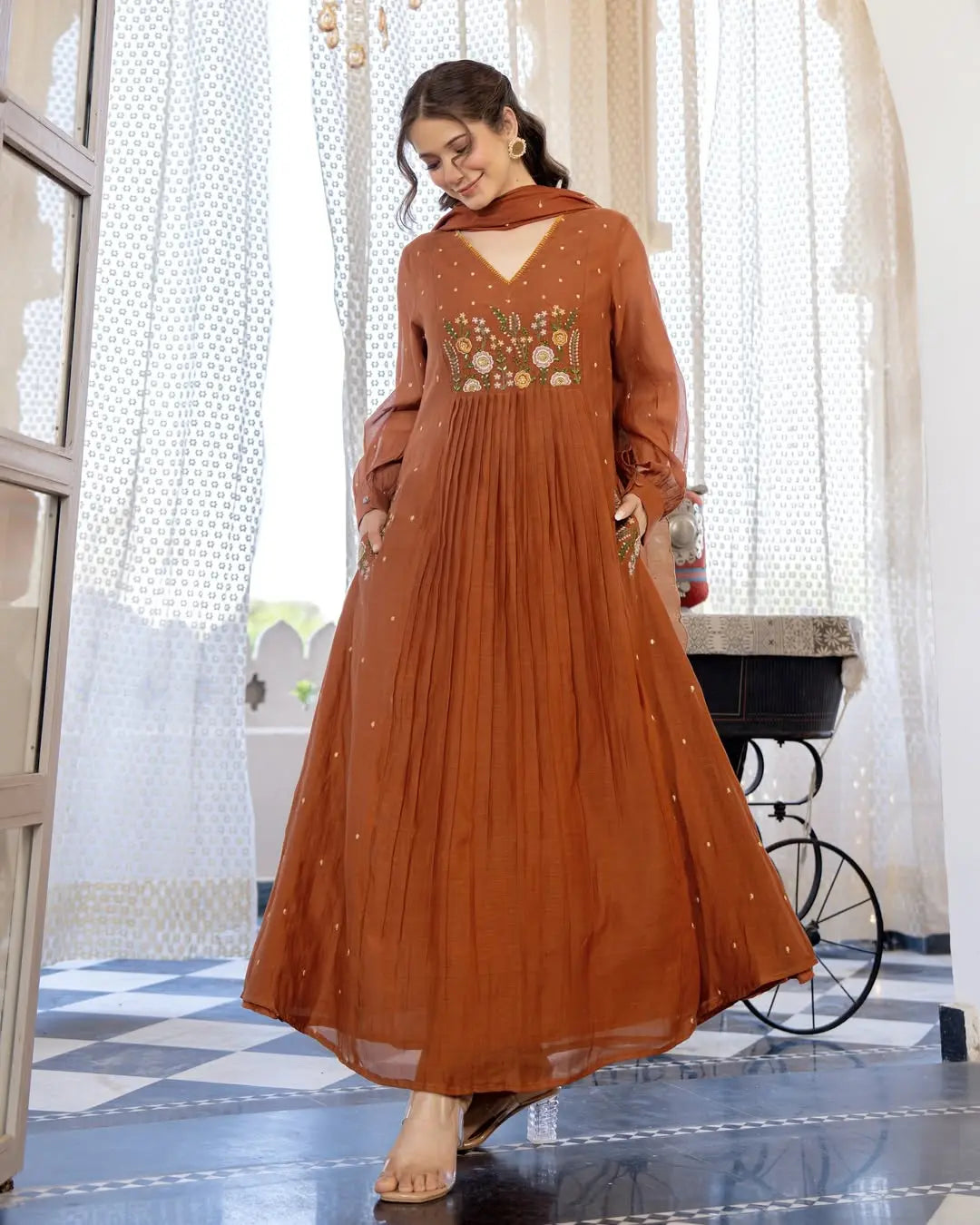Pure cotton Anarkali suit with embroidery and matching pants