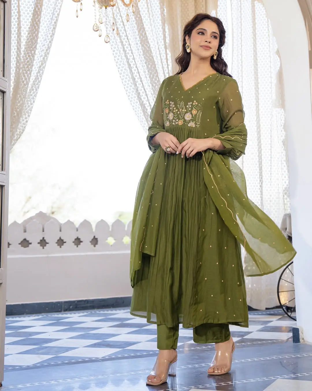 Embroidered cotton Anarkali kurta with designer cutwork dupatta