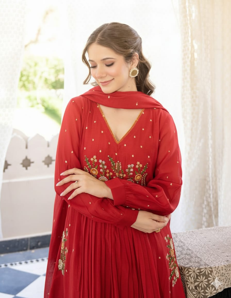 Women’s cotton embroidered Anarkali suit with kurta pocket detail