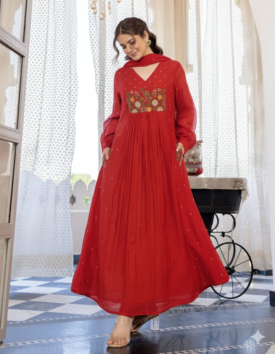 Saumya Pure Cotton Embroidered Anarkali Kurta Set with Cutwork Dupatta