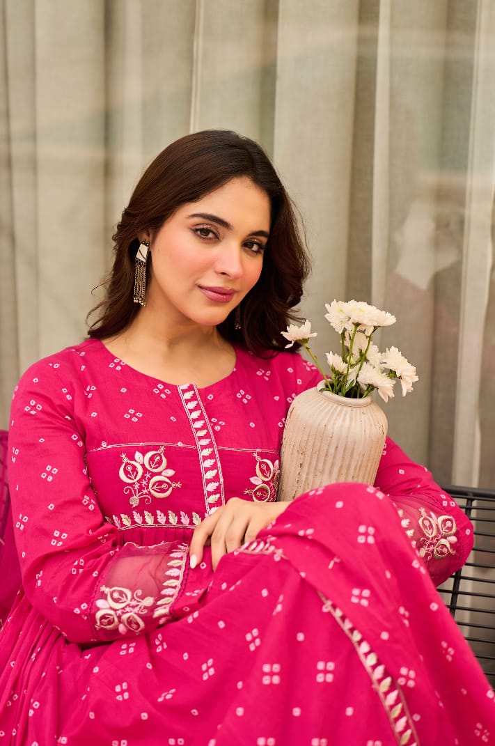 Cotton Discharge Print Anarkali with Chanderi Dupatta