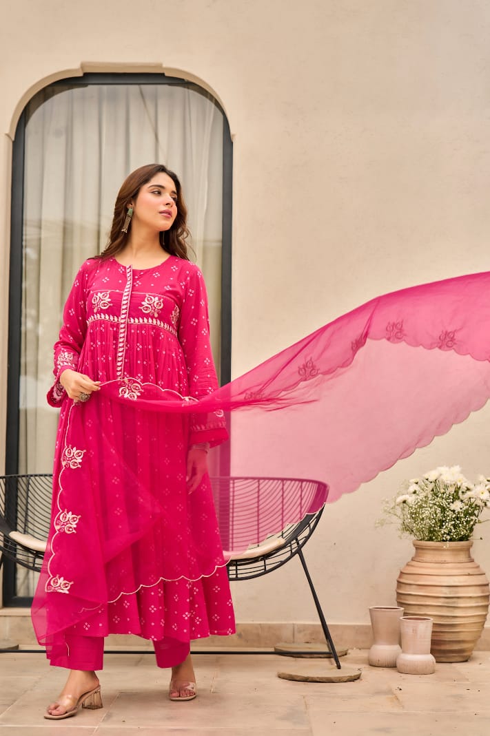 Ruhaniya Cotton Embroidered Anarkali Set with Chanderi Dupatta