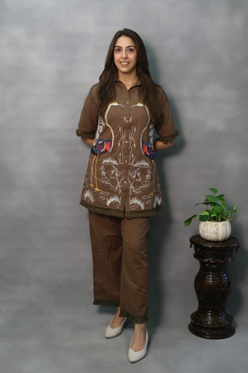 Premium cotton coord set featuring elegant embroidery on top