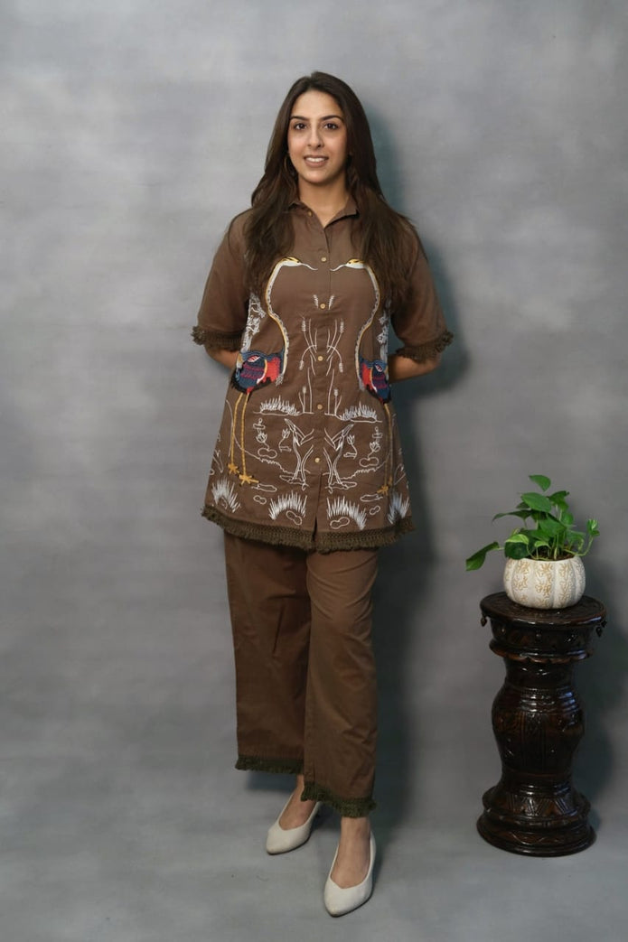 Premium cotton coord set featuring elegant embroidery on top
