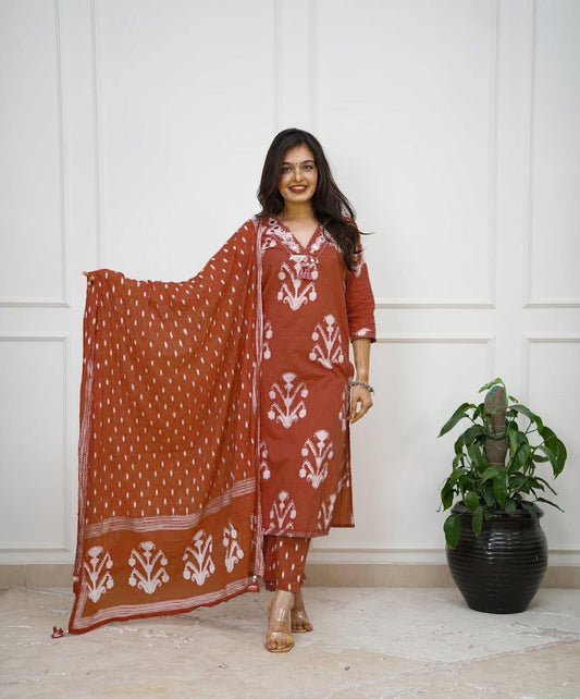 Women’s embroidered cotton straight kurta set with malmal dupatta