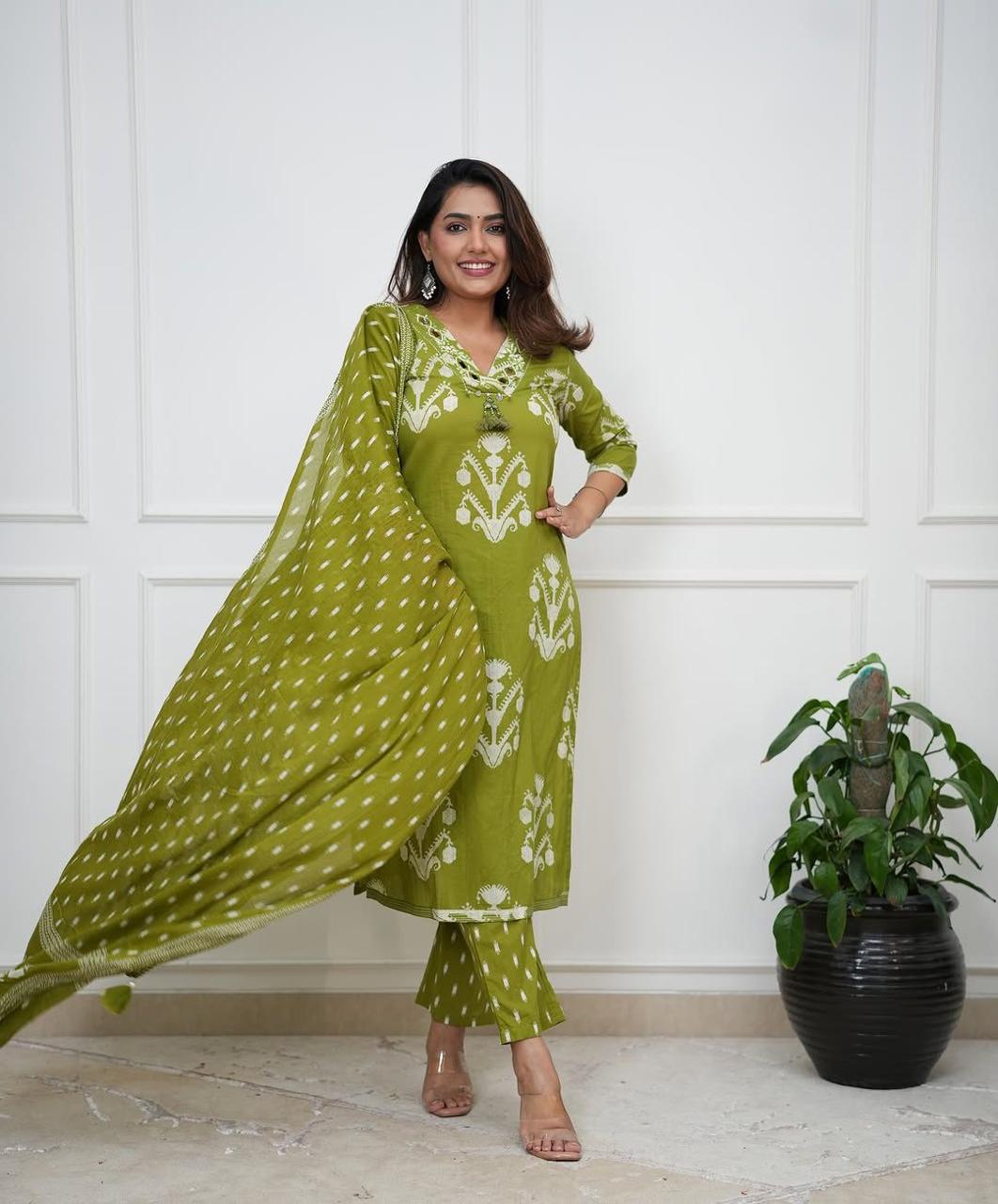 Heavy cotton embroidered kurta with pattern pant in elegant color