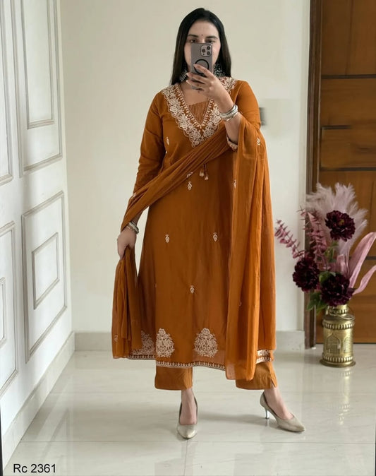 Heavy cotton embroidered suit set with matching pants and dupatta