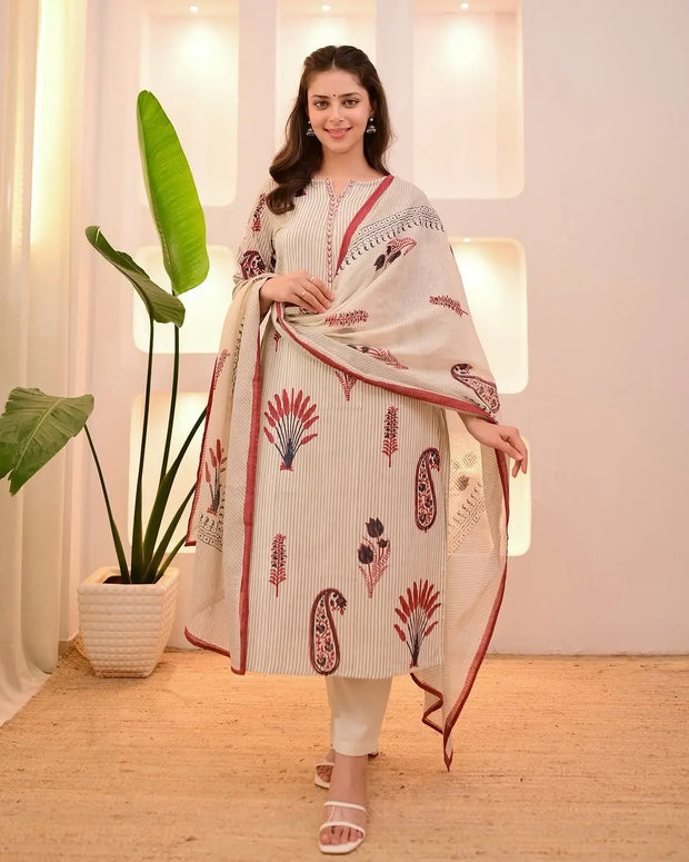 Pure Cotton Embroidered Suit Set with Tagai and Handwork