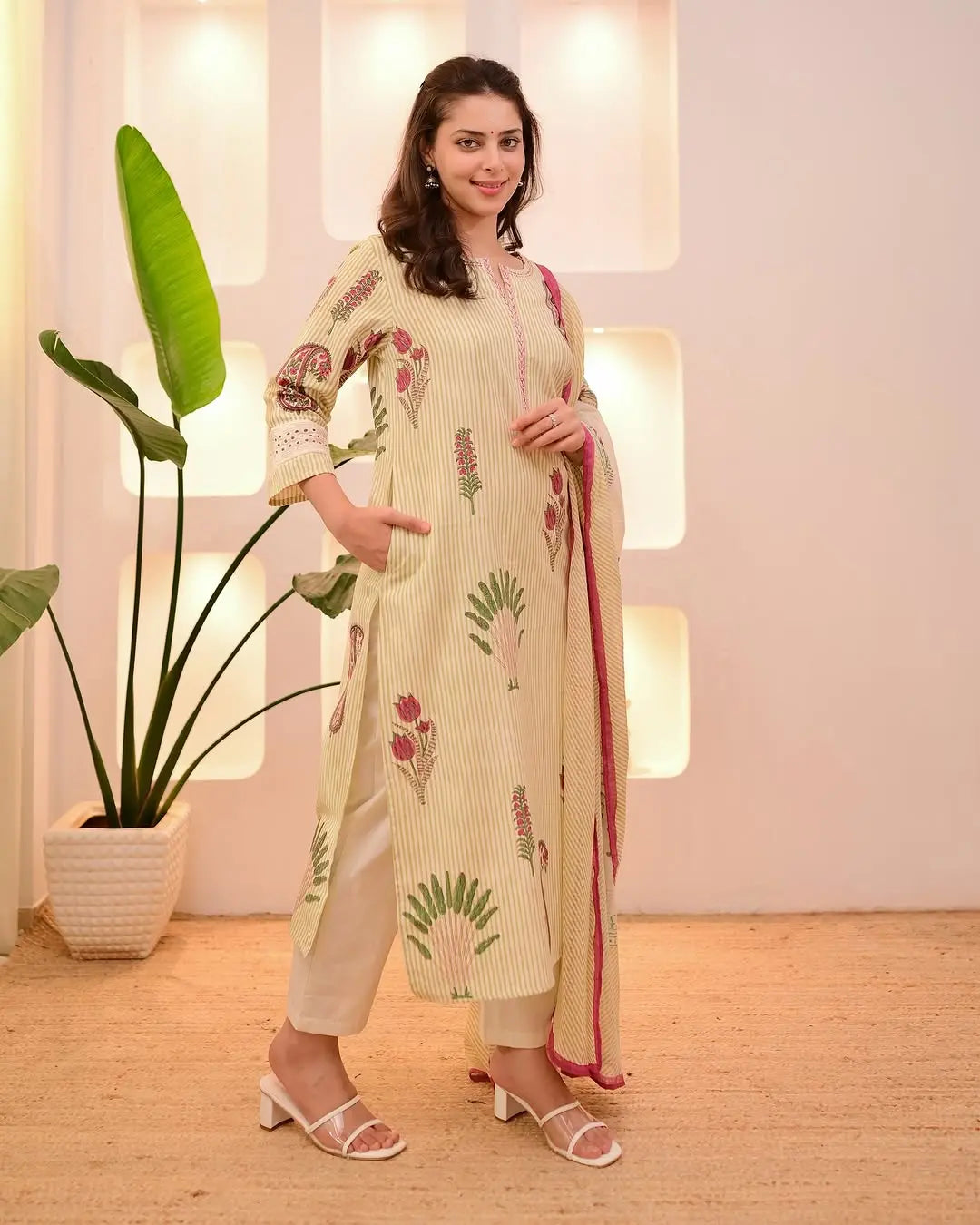 3-Piece Cotton Kurti Pant Dupatta Set in Two Colors