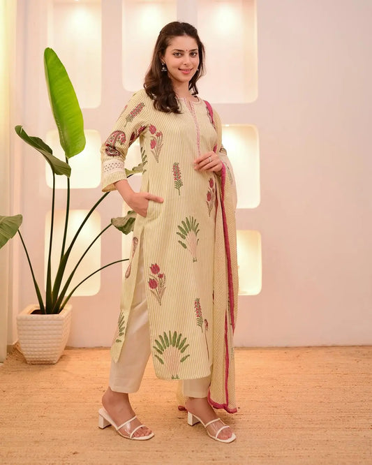 3-Piece Cotton Kurti Pant Dupatta Set in Two Colors