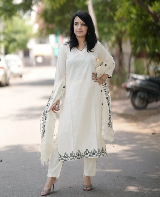 Off White Cotton Embroidery Suit Set with Kota Doria Dupatta